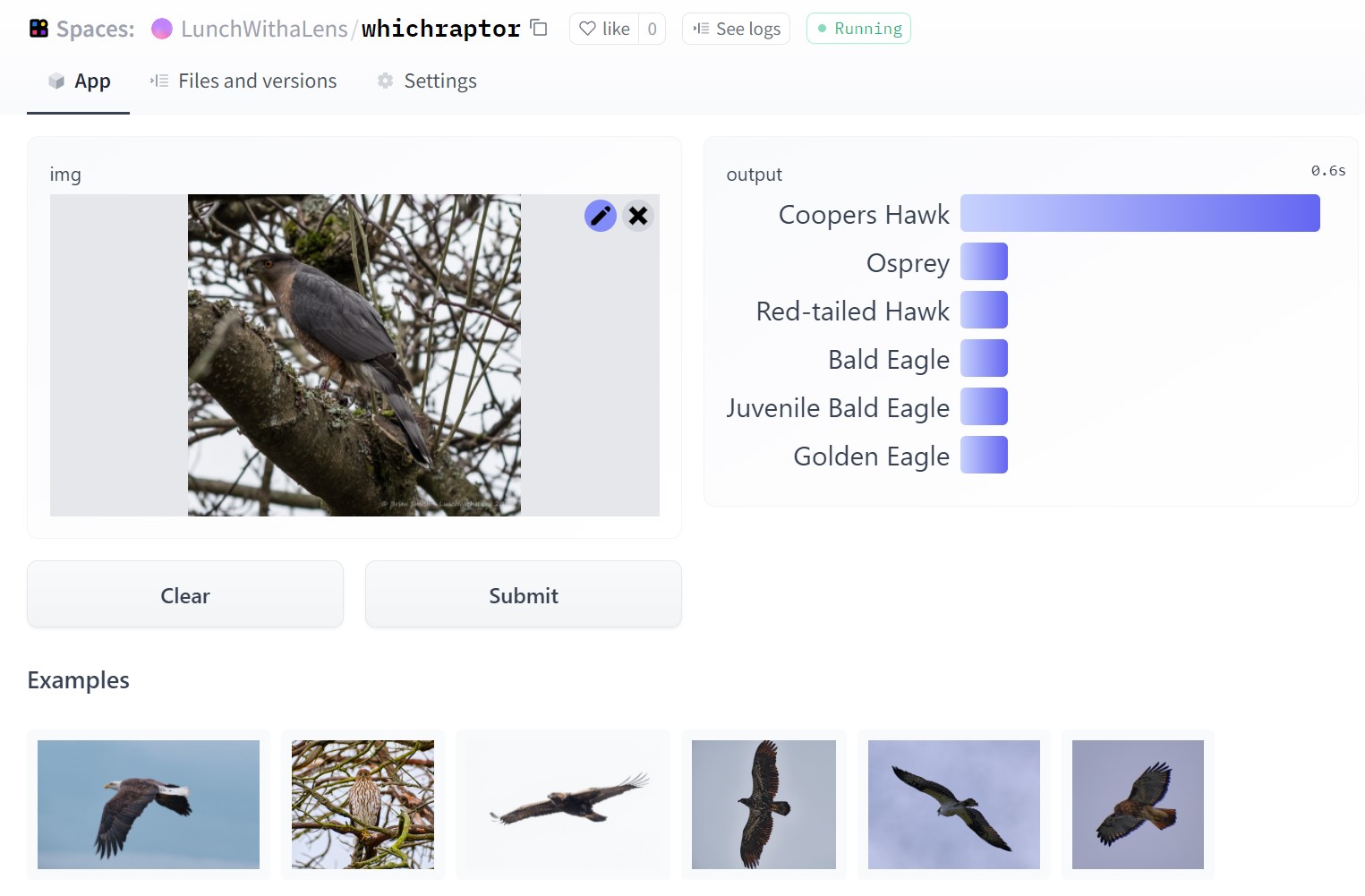 The application showing the samples and an identified Cooper's Hawk in my garden